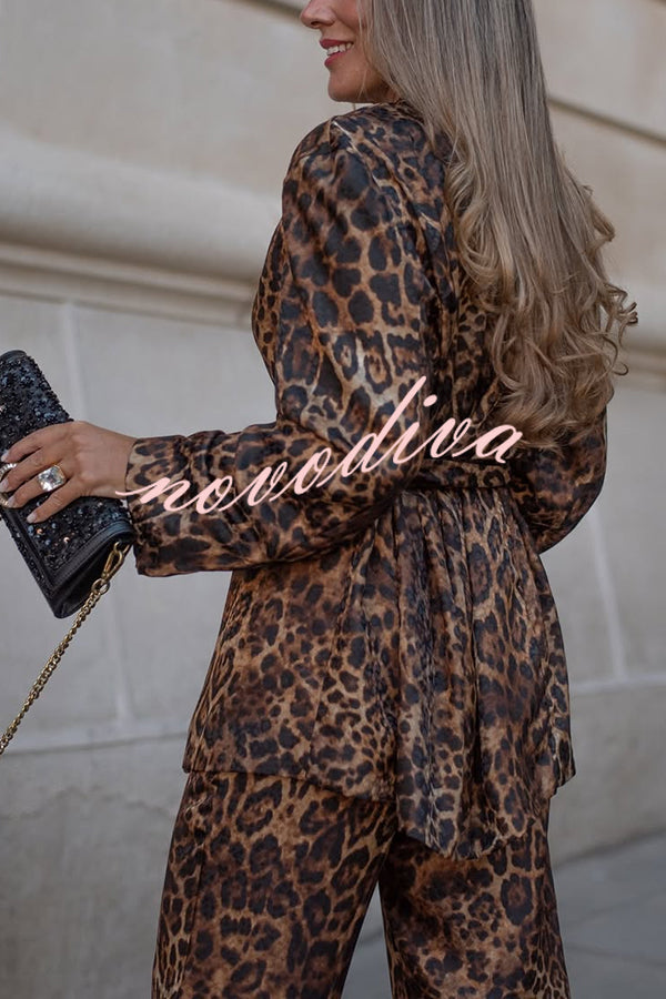 Chic View Leopard Print Tie-up Waist Lapel Blazer and Elastic Waist Loose Pants Set