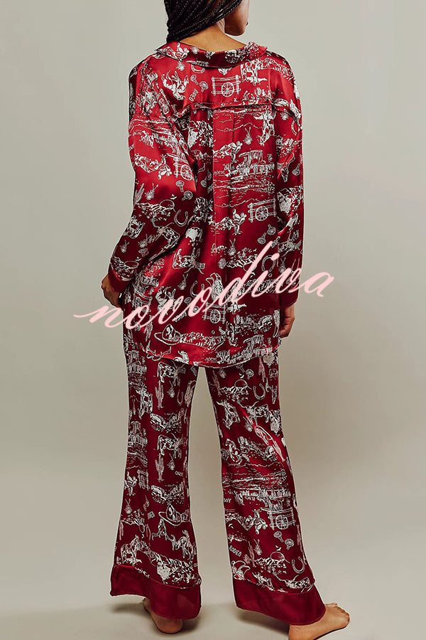 Unique Printed Lounge Long-sleeved Shirt and Elastic Waisted Baggy Pants Set