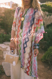 Sun Washed Knit Colorful Zigzag Pattern Asymmetric Hem Loose Cover-ups Kaftan