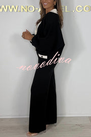 Fashion Contrast Color V-neck Loose Cardigan and Elastic Waist Casual Pants Set