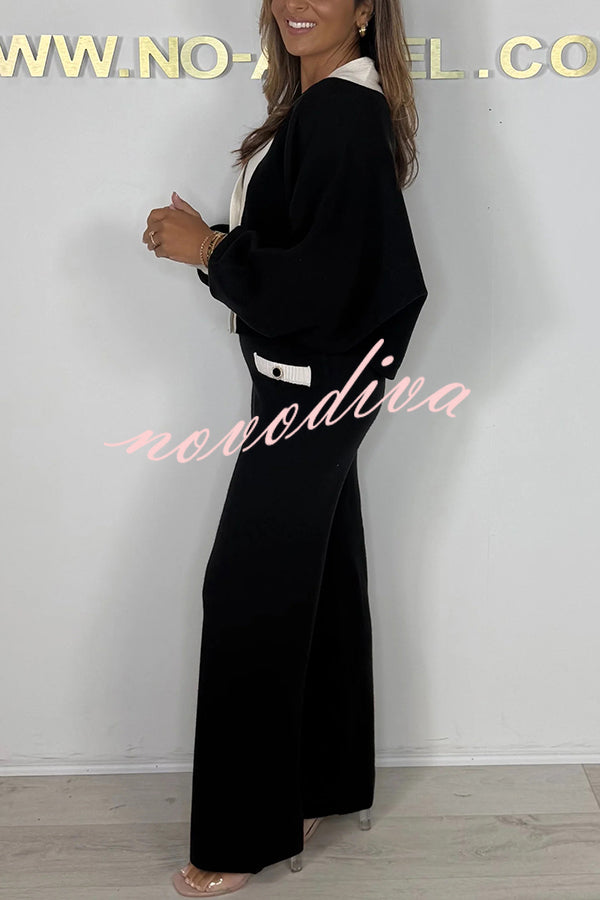 Fashion Contrast Color V-neck Loose Cardigan and Elastic Waist Casual Pants Set