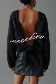 Chunky Season Knit Mohair-blend Long Sleeve Open Back Knot Design Loose Sweater