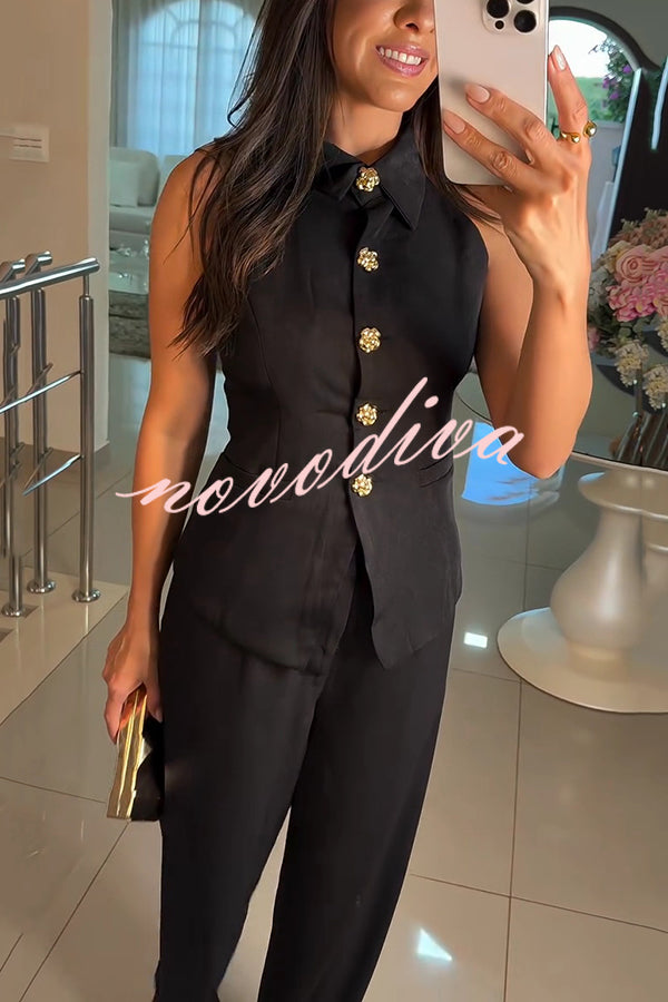 Fashion Lapel Sleeveless Button Vest and Casual Straight-leg Suit Pants Set