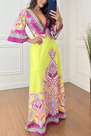 Stand Out and Shine Palace Style Print Bell Sleeve Backless Vacation Maxi Dress