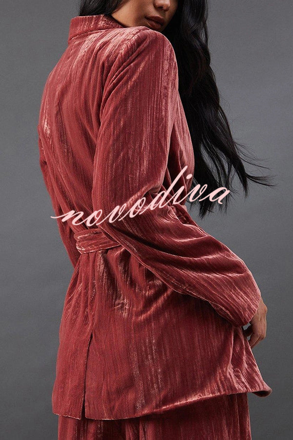 Solid Color Velvet Long-sleeved Waist Tie Top and Elastic Waist Casual Pocket Straight-leg Pants Set