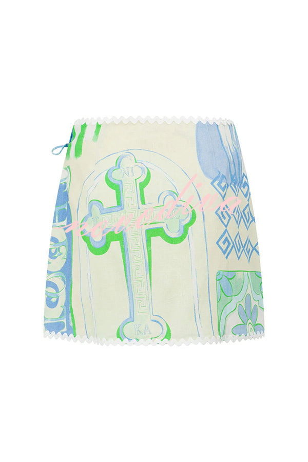 Pierre Linen Blend Ric Rac Trims Unique Print Short Sleeve Shirt and Wrap Tie-up Mini Skirt Set