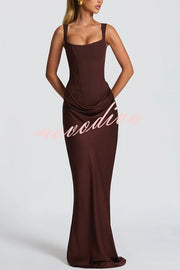 Larrah Square Neck Back Lace-up Satin Drape Hem Maxi Dress