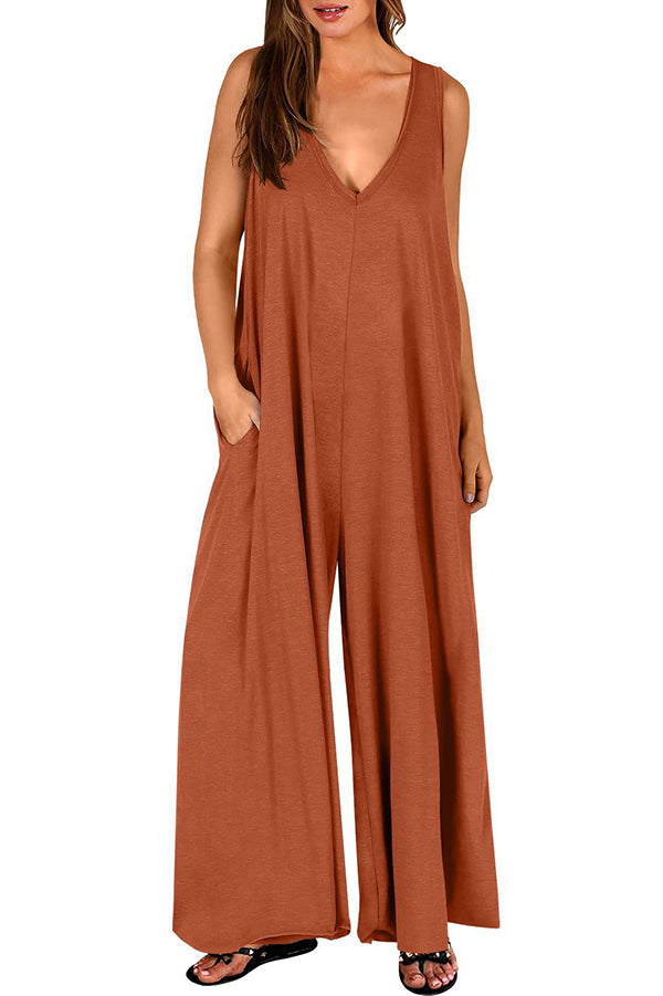 Solid Color V-neck Sleeveless Loose Pocket Wide-leg Jumpsuit