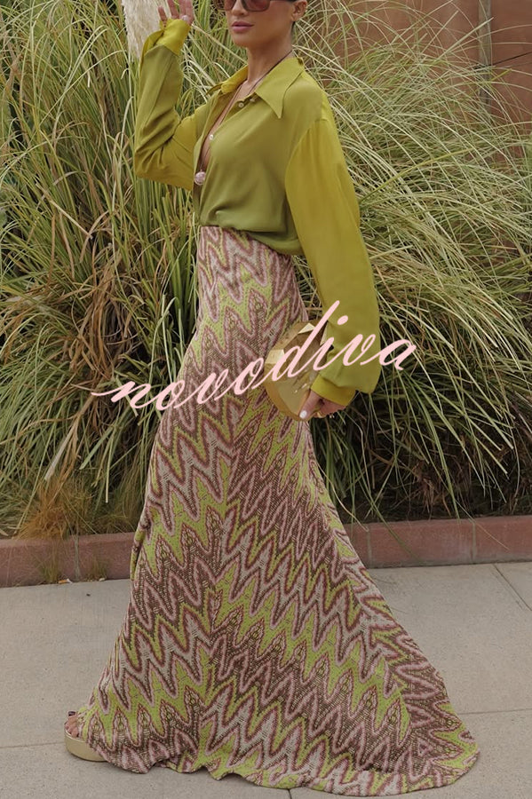 Moonlit Waltz Gradient Print Button Up Long Sleeve Loose Blouse