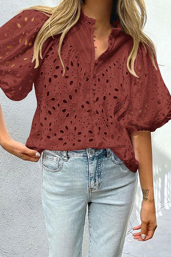 Hollow Embroidered Lace V-neck Buttoned Lantern Sleeve Blouse