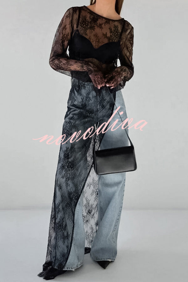 Sexy Openwork Lace Long-sleeved Asymmetrical Casual Top