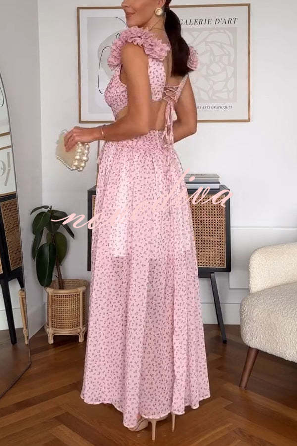 Wedding Dreams Chiffon Printed Flutter Sleeve Cutout Back Lace-up Maxi Dress