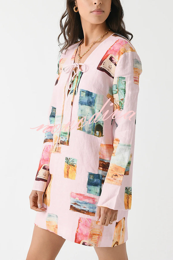 Coastal Cove Linen Blend Unique Print Tie-up Neck Long Sleeve Loose Mini Dress