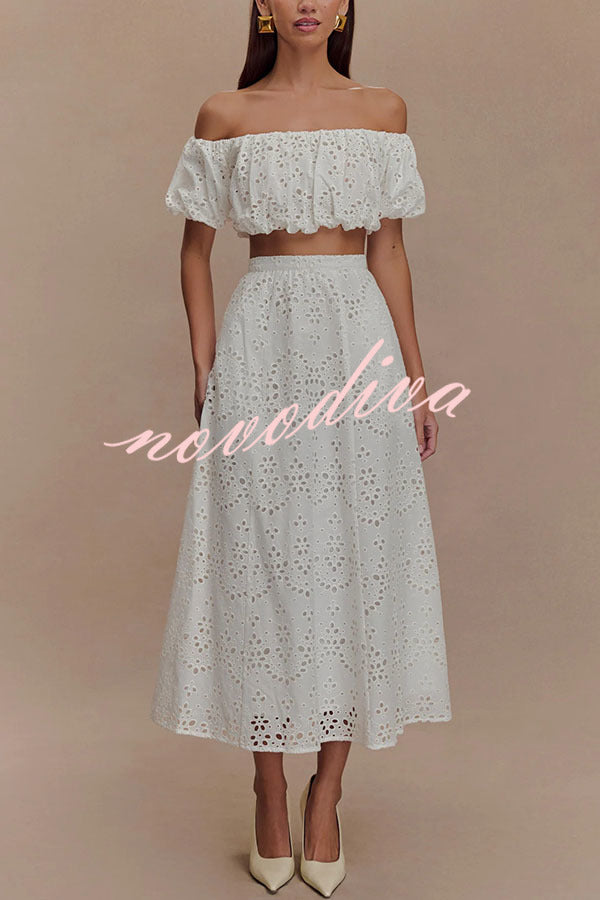 Arla Embroidered Lace Hollow Off Shoulder Bubble Crop Top