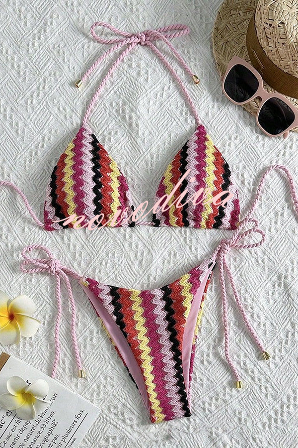 Knit Wave Unique Print Stretch Tie Bikini Swimsuit