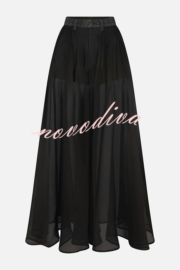 Avant-garde Fashion Denim Flowing Organza Patchwork Pocketed Wide Leg Jeans