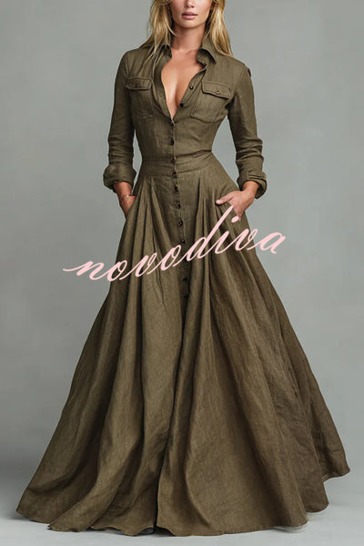 Linen Blend Lapel Pocket Single-breasted Shirt-style Casual Maxi Dress