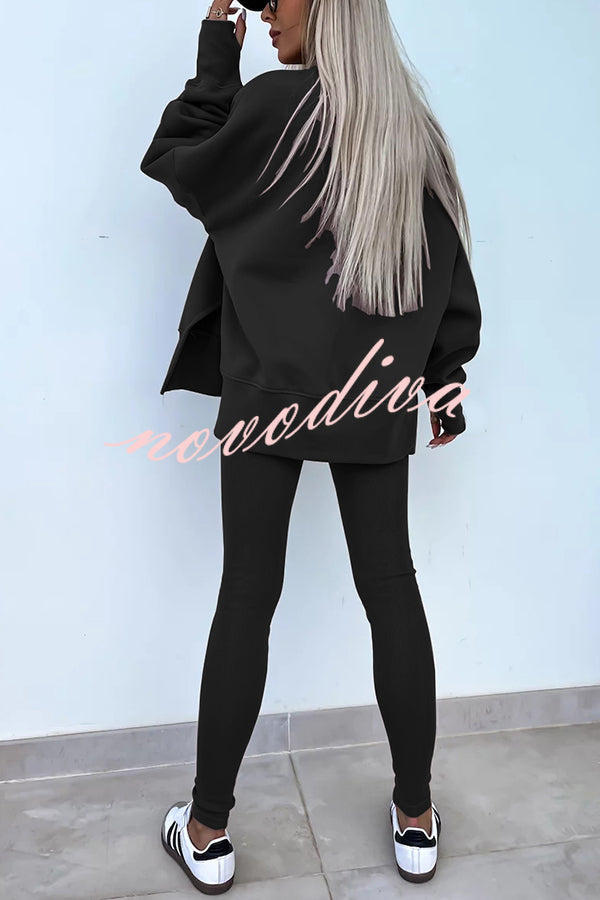 Solid Color Loose Long Sleeve SlitSweatshirt and Elastic Waist Tight Pants Set