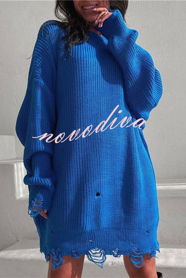 Solid Color Loose Ripped Knitted Mid-length Sweater