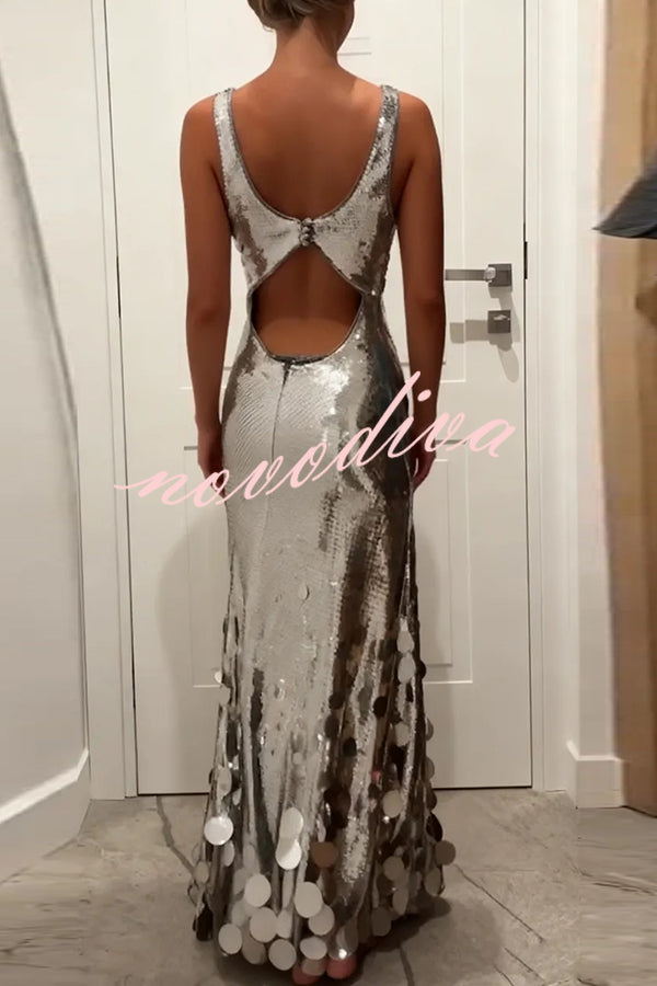Party Tips Sequin Irregular Round Tassels Hem Back Cutout Tank Maxi Dress