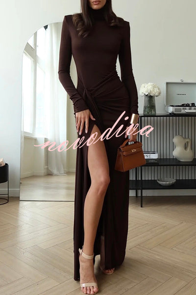 Luxe Silhouette High Neck Shoulder Pads Drape Stretch Maxi Dress