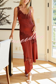 Sexy Lace Stitching Suspender V-neck Asymmetrical Maxi Dress