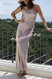 Cheers Babe Satin Solid Color Elegant One Shoulder Tie Maxi Dress
