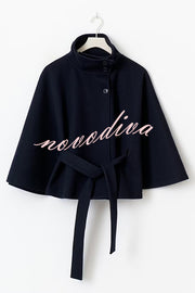 Fashionable Stand Collar Button Waist Tie Loose Cape