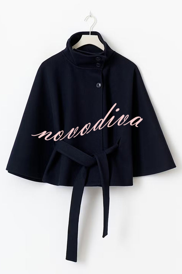 Fashionable Stand Collar Button Waist Tie Loose Cape