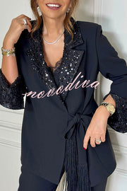 Social Time Embroidered Sequin Patchwork Tassel Belt Detail Lapel Party Blazer