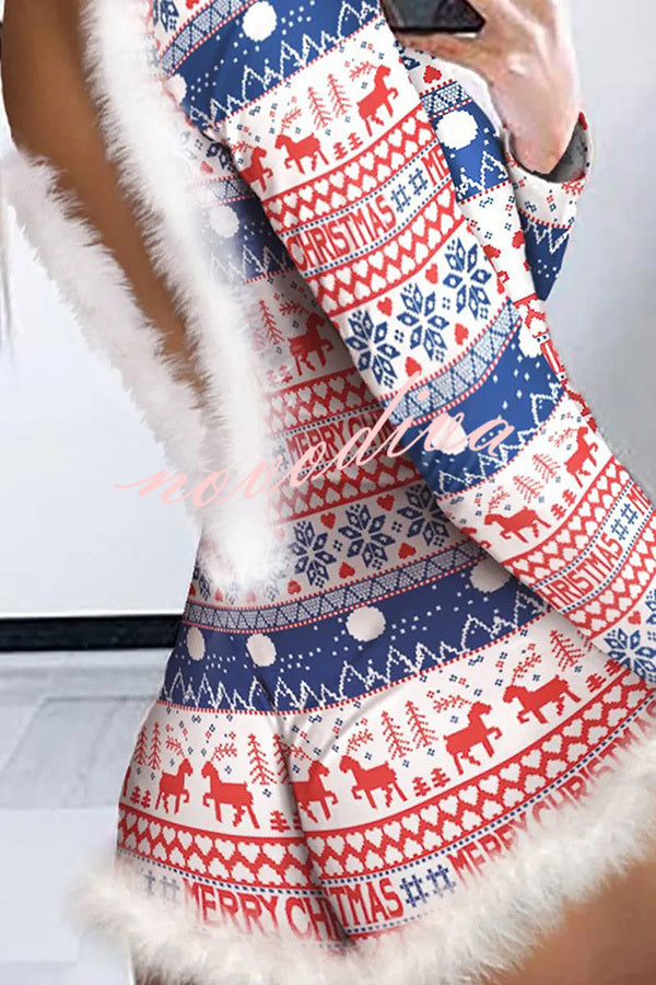 Feather Christmas Print Long Sleeve Backless Rompers