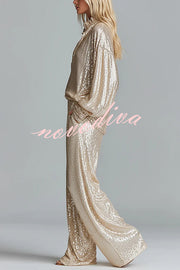 Glamorous Day Sequin Half Zip Loose Shirt and Elastic Waist Pocket Wide Leg Pants Set