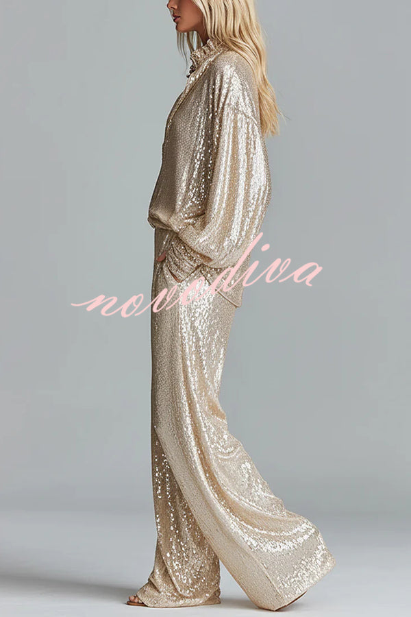 Glamorous Day Sequin Half Zip Loose Shirt and Elastic Waist Pocket Wide Leg Pants Set