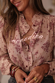 Plant Plaid Printed Long-sleeved Ruffles Casual Shirt
