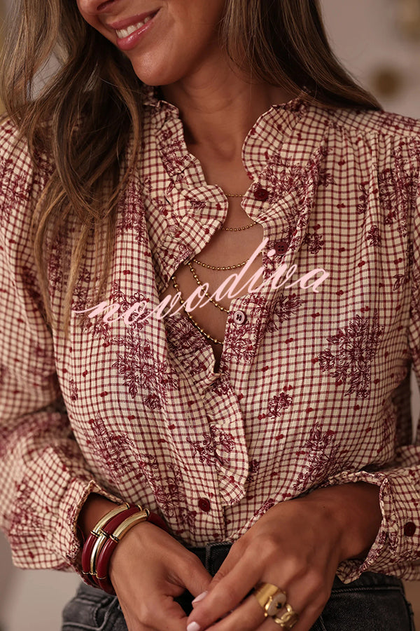 Plant Plaid Printed Long-sleeved Ruffles Casual Shirt