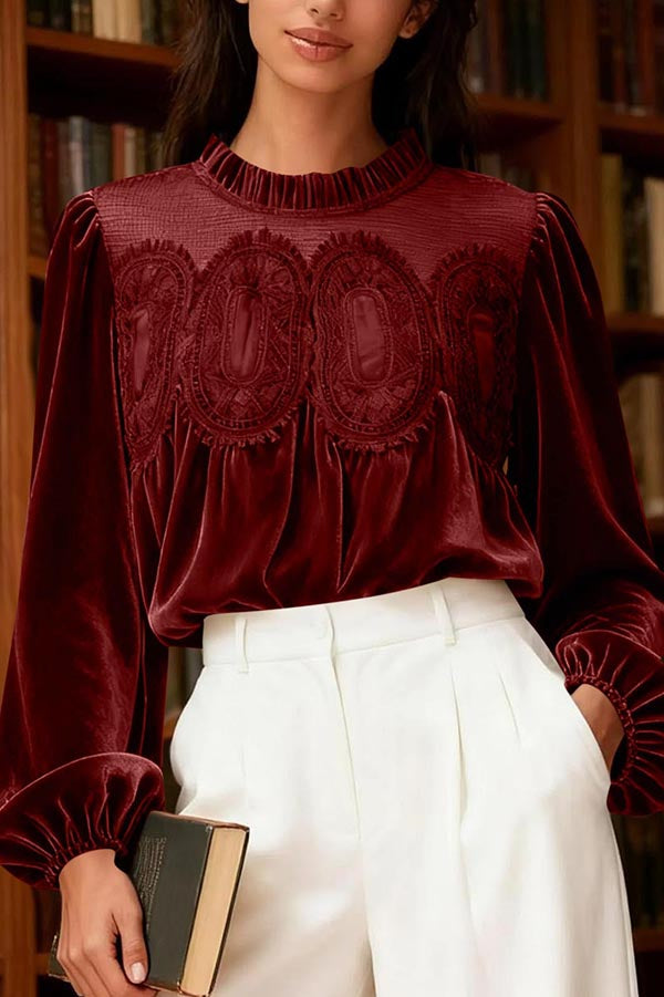 Fashionable Velvet and Lace Patchwork Loose Long-sleeved Top