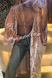 Gorgeous Glossy Velvet Long Bell Sleeve Tie-up Pocket Midi Kimono Coat