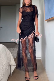 Romantic Statement Lace One Shoulder Bell Sleeve Asymmetrical Maxi Dress