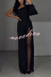 Fashionable Oblique Shoulder One-sleeve Sexy High Slit Slim Jumpsuit