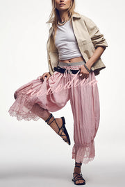 Pastoral Style Elastic Waist Lace Hem Bloomer Pants