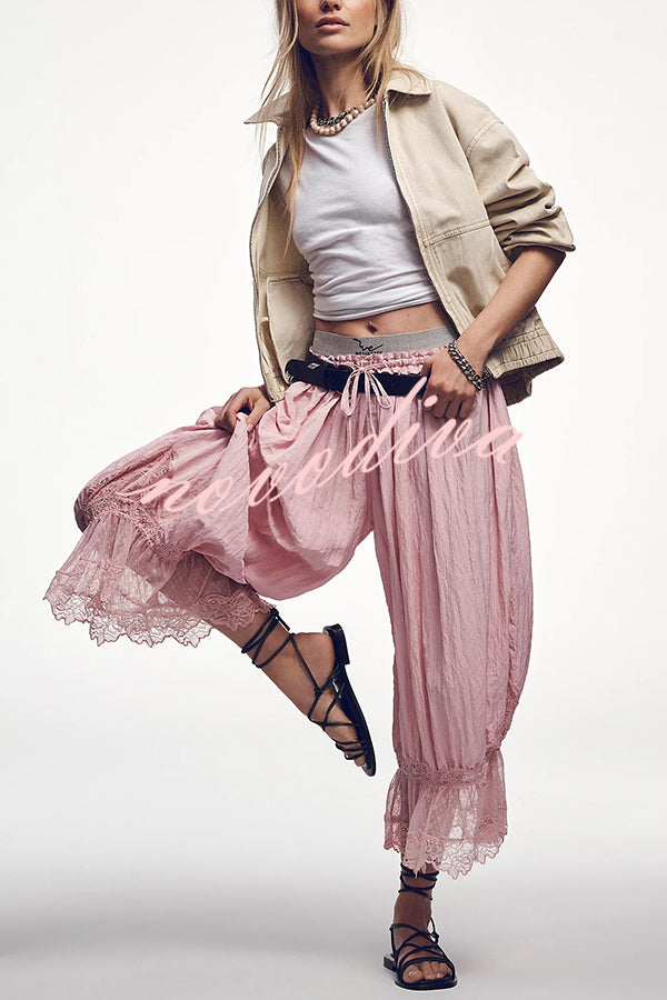Pastoral Style Elastic Waist Lace Hem Bloomer Pants