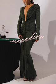 Solid Color Shiny Sexy V-neck Long Sleeve Ribbon Slit Slim Fit Maxi Dress