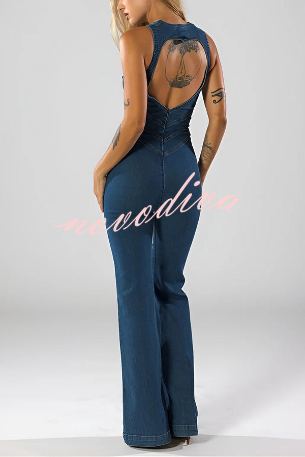Fashionable Heart Hollow Back Slim High Waist Flared Denim Jumpsuit