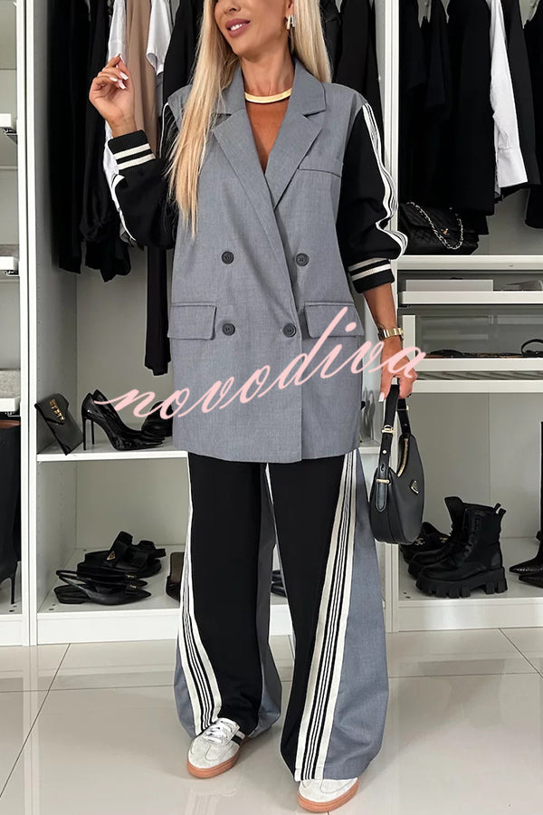 Pleasant Breathe Sweatshirt Patchwork Oversized Blazer and Elastic Waist Pocket Loose Pants Set