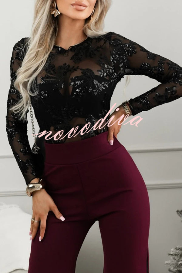Dazzling and Sparkle Mesh Floral Sequin Long Sleeve Stretch Bodysuit