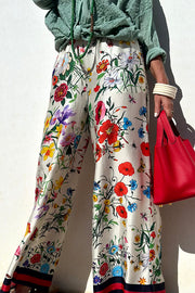 Fabulous Fiesta Satin Floral Unique Print Elastic Waist Pocketed Wide Leg Pants