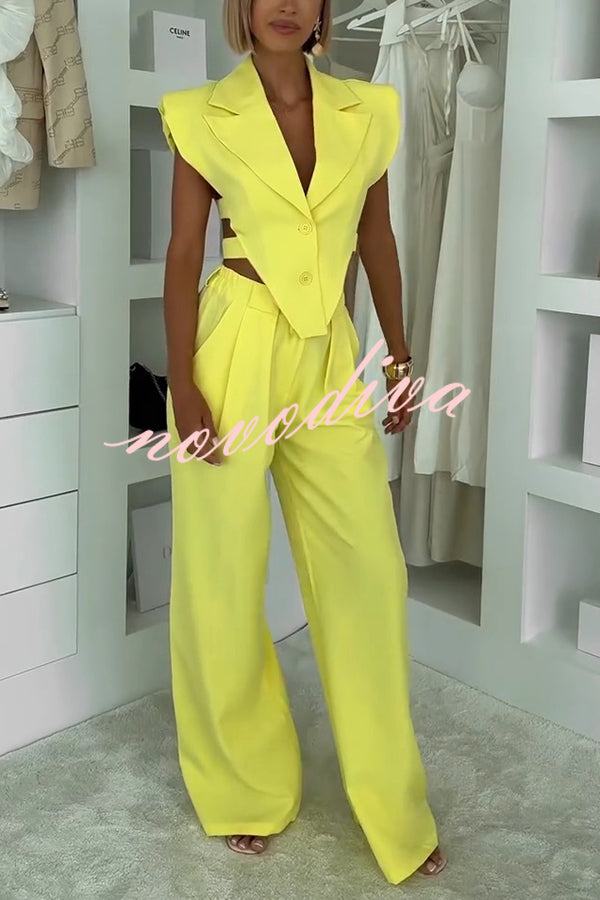 Fashion Style Lapel Waist-baring Irregular Vest and  Elastic Waist Pocket Loose Pants Set