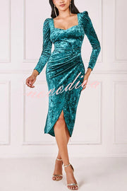 Solid Color Velvet Long-sleeved Slim-fit Slit Midi Dress