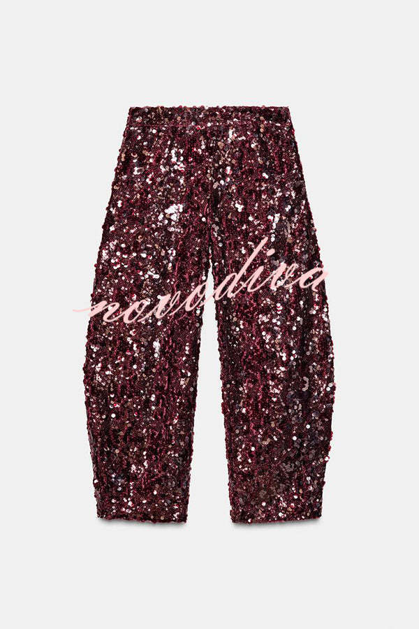 Gala Goddess Sequin High Rise Zipper Waist Wide Leg Pants