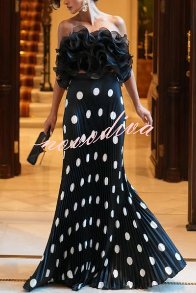 Eye-catching Satin Pleated Poka Dot Print High Rise Drape Maxi Skirt